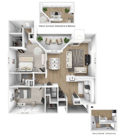 Floor plan for 2 beds, 2 baths, 1069 sqft
